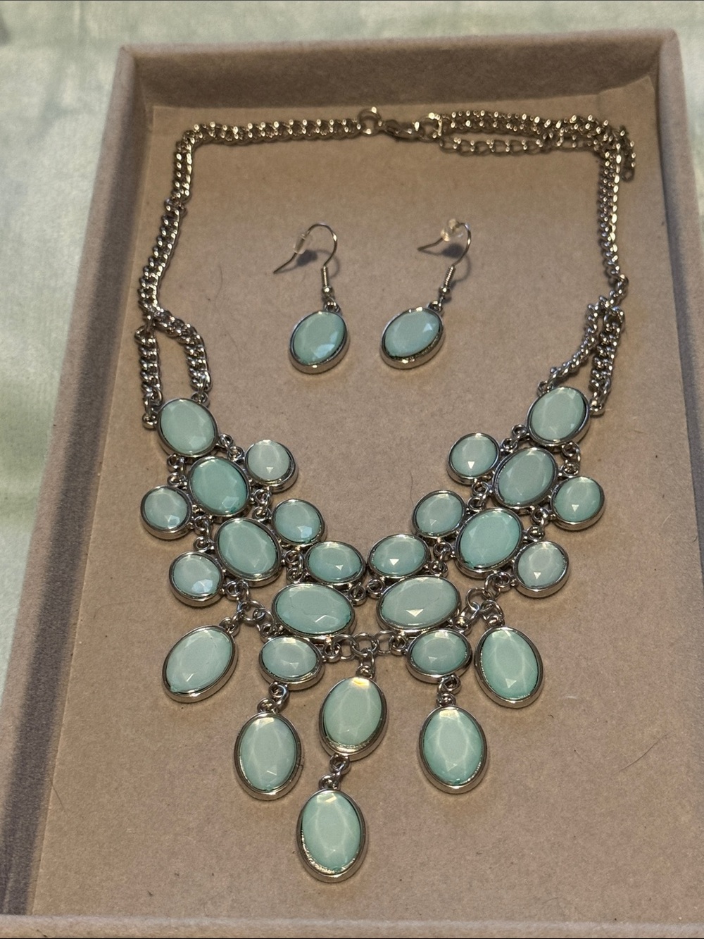 Silver Statement Necklace & Earrings Set with Mint Green Stones